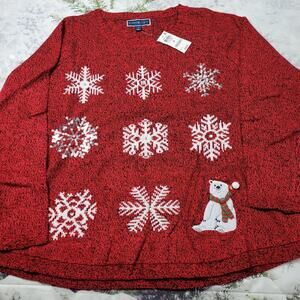 NWT Karen Scott Snowflakes Bear Red Sweater size 1X Sequins Pearls Rhinestones